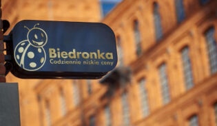 Logo biedronki na tle miasta