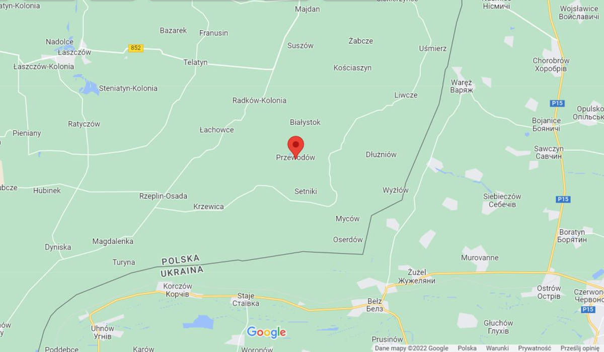 Mapa z miejscem uderzenia rakiety w Polsce