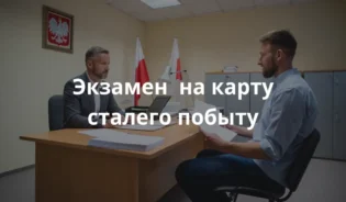 изображение интерьера кабинета в польском воеводском уженде. За столом сидит сотрудник уженда. Напротив - кандидат на карту сталого побыту: обычный человек, немного взволнованный, но сосредоточенный. Он говорит по-польски, жестикулирует, держит документы. Атмосфера деловая, но доброжелательная. На стенах - польский герб и флаг, папки, настольная лампа. Помещение светлое, современное, без излишеств.