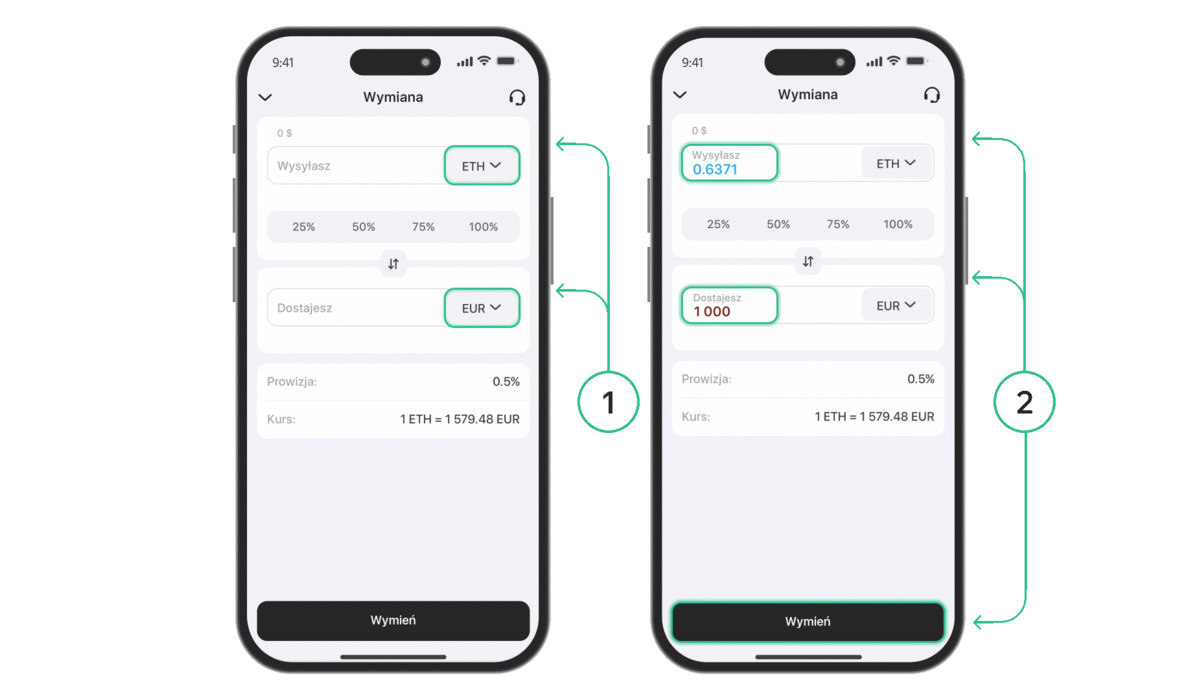 2 ekrany telefonu z transakcją w aplikacji Trustee Plus
