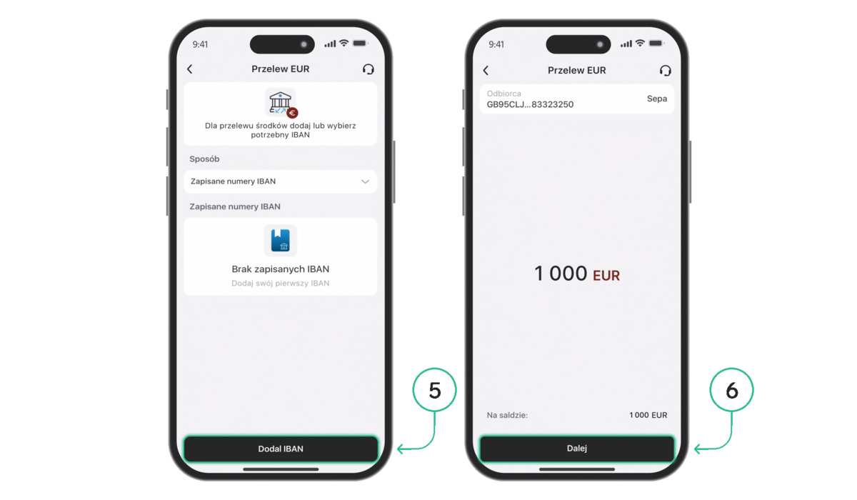 2 telefony pokazujące przelew euro przez Trustee Plus