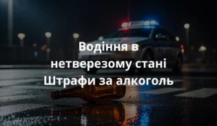 Нічний міський пейзаж у Польщі, мокра дорога після дощу, зупинений поліцейський автомобіль з увімкненими мигалками поруч із пляшкою пива, що лежить на асфальті біля дорожньої розмітки. Атмосфера тривожна, світло фар відбивається на мокрій поверхні, реалістичне освітлення та деталі.