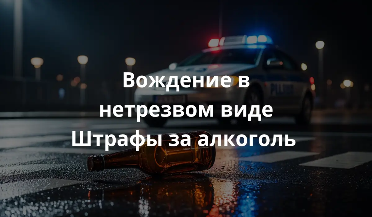 Ночной городской пейзаж в Польше, мокрая дорога после дождя, остановленный полицейский автомобиль с включёнными мигалками рядом с бутылкой пива, лежащей на асфальте у дорожной разметки. Атмосфера тревожная, свет фар отражается на мокрой поверхности, реалистичное освещение и детали