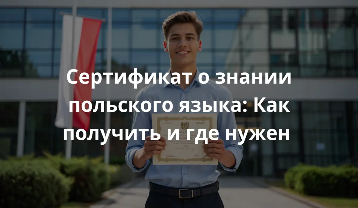 фото молодого студента-мальчика, который улыбается и с гордостью держит в руках нейтральный сертификат (без видимого текста или символов), на фоне современного университета или официального здания с ненавязчивыми польскими элементами — например, красно-белой цветовой гаммой или маленьким флагом на заднем плане. Естественное освещение, малый уровень глубины резкости, тёплая и дружелюбная атмосфера.