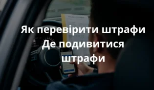 Людина, вид ззаду, сидить у припаркованій машині і перевіряє штрафи на смартфоні; на приладовій панелі лежить польський штраф