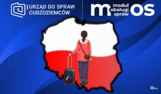 Dziewczyna stoi, a przed nią flaga Polski na niebieskim tle