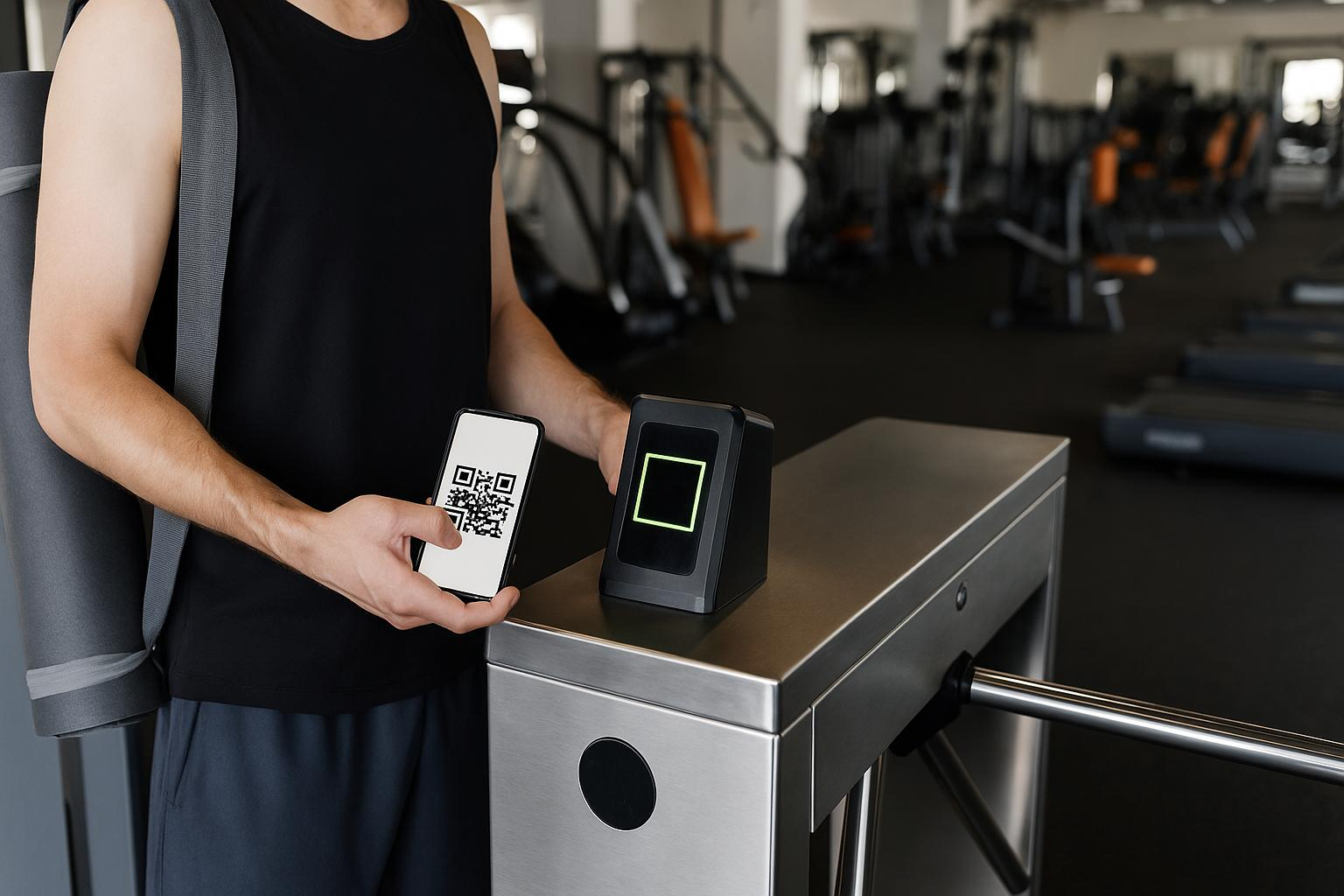 Чоловік сканує QR-код картки MultiSport на турнікеті у спортзалі