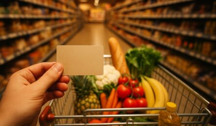 Wozek z zakupami spozywczymi w hipermarkecie i karta lojalnosciowa w dloni klienta