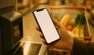 Smartfon z aplikacja lojalnosciowa przy kasie samoobslugowej w hipermarkecie