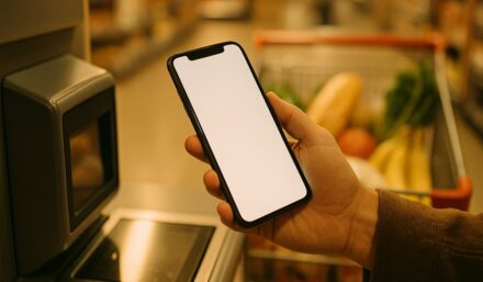 Smartfon z aplikacja lojalnosciowa przy kasie samoobslugowej w hipermarkecie