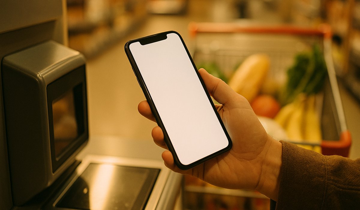 Smartfon z aplikacja lojalnosciowa przy kasie samoobslugowej w hipermarkecie