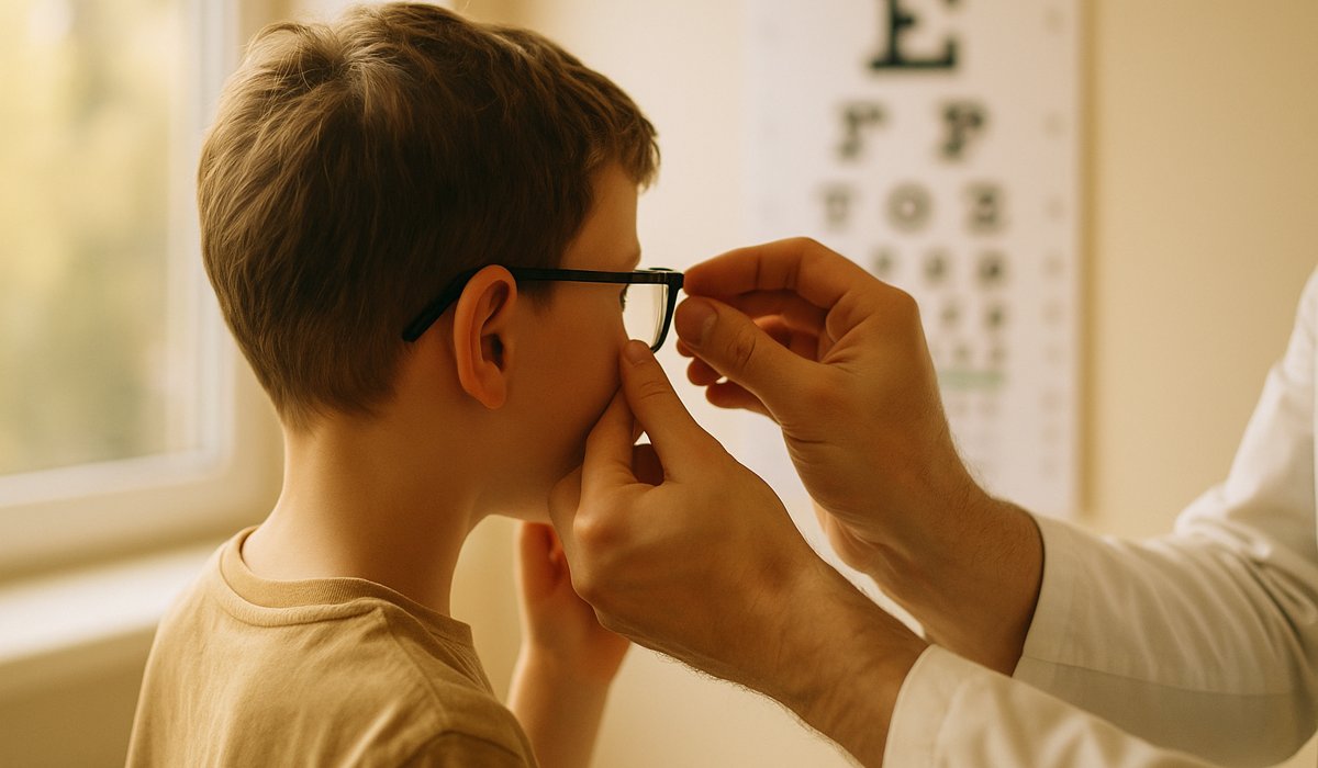 Dziecko przymierza okulary korekcyjne u optyka, optyk dopasowuje oprawki