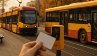 Tramwaj i autobus komunikacji miejskiej w Warszawie, pasazer przyklada karte miejska do kasownika