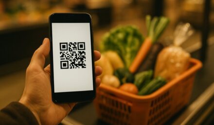 Klient skanuje kod QR karty lojalnosciowej w telefonie przy kasie sklepu spozywczego