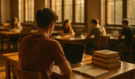 Student przy biurku w bibliotece uniwersyteckiej z ksiazkami i laptopem