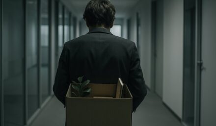 Pracownik niesie karton z rzeczami osobistymi korytarzem biurowym po zwolnieniu z pracy